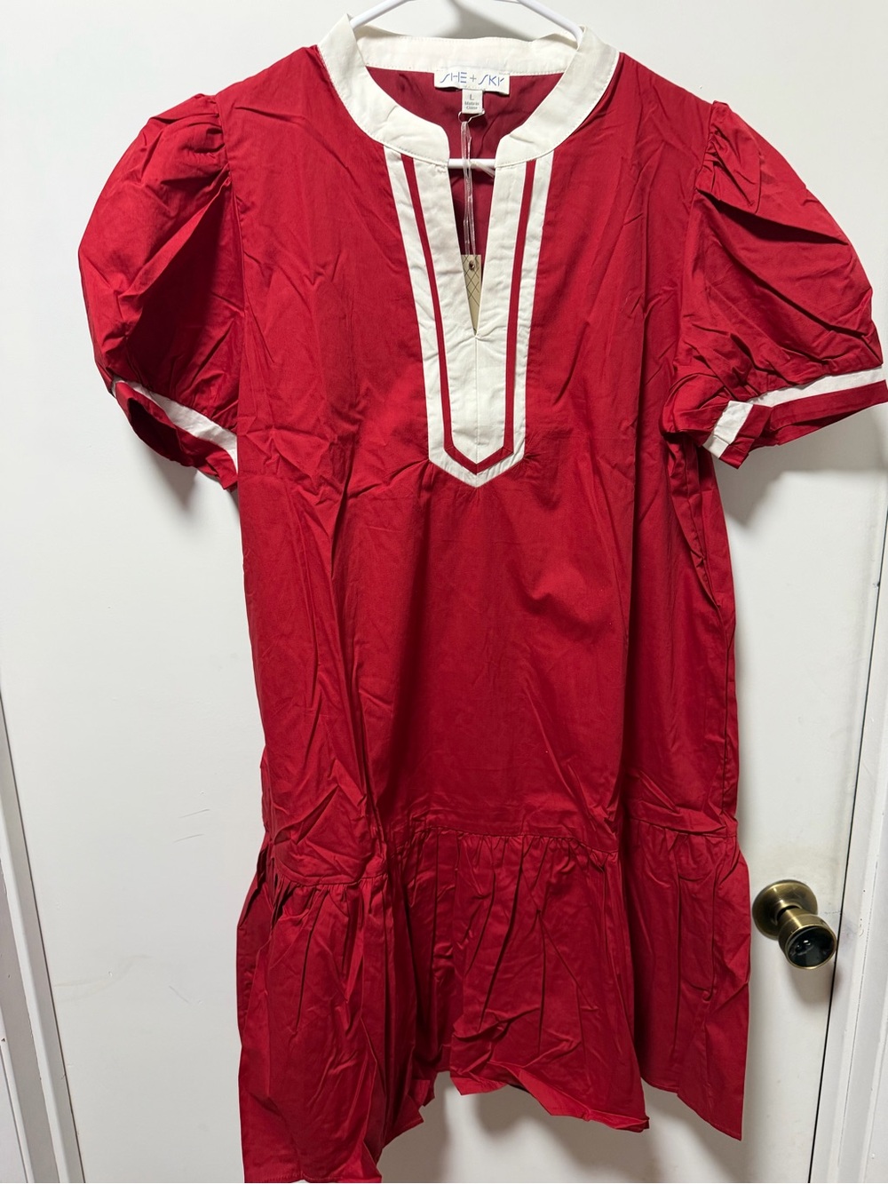 She + Sky Red Dress with White Contrast Trim